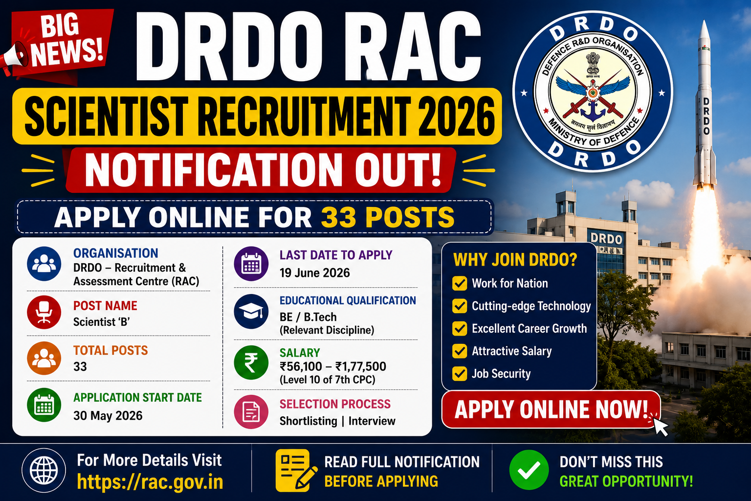 DRDO Recruitment 2026 No Exam Direct Interview: Apply for 150 Posts