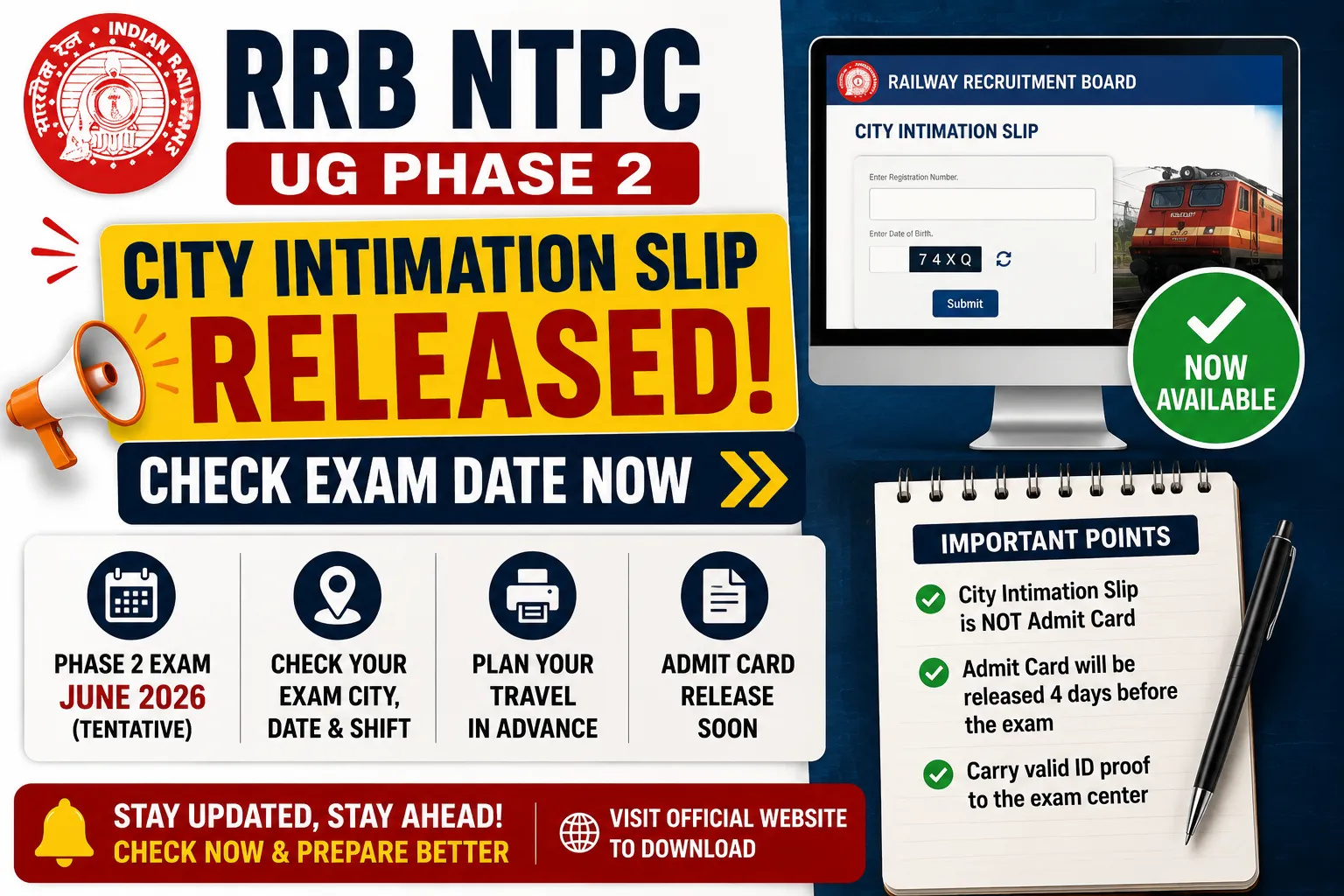 RRB NTPC UG Phase 2 City Intimation Slip Released Check Exam Date Now